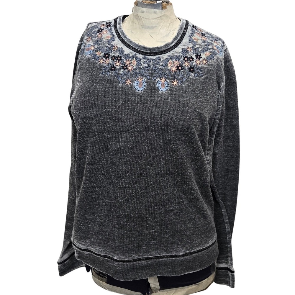 Lucky Brand Sweatshirt Women's Small Gray Acid Wash Floral Embroidered Boho Crew